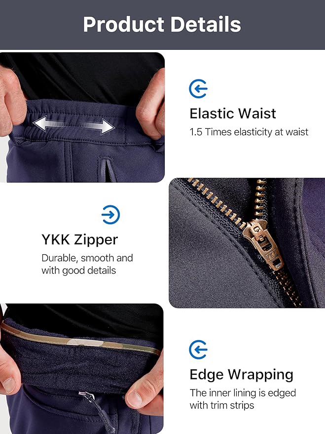 FREE SOLDIER Men's Fleece Lined Outdoor Cargo Hiking Pants Water Repellent Softshell Snow Ski Pants with Zipper Pockets