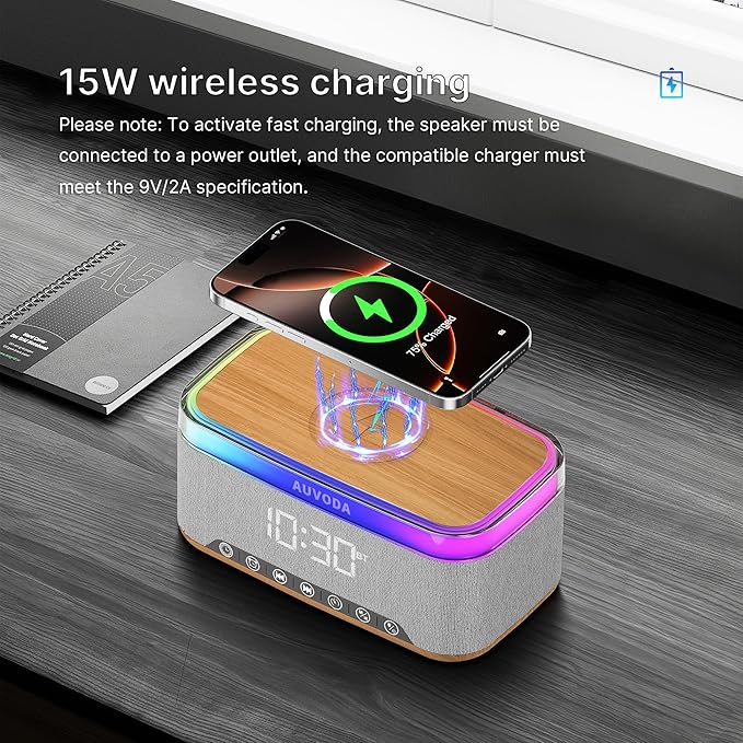 S300 16W Stereo Bluetooth Speaker with 15W Fast Wireless Charging, 13-Color Night Light, Alarm, White Noise, FM Radio, Portable, TWS, BT5.3, for PC, Smartphone, Home, Office & Bedroom (Wood)
