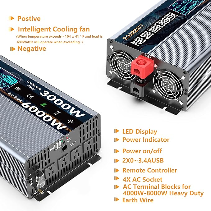Pure Sine Wave Power Inverters 3000W 12V DC to AC 110V 120V Peak 6000W with Remote Control 4 Outlets,Dual USB Port,LED Display Terminal Blocks for Inverter Truck RV Car Solar System