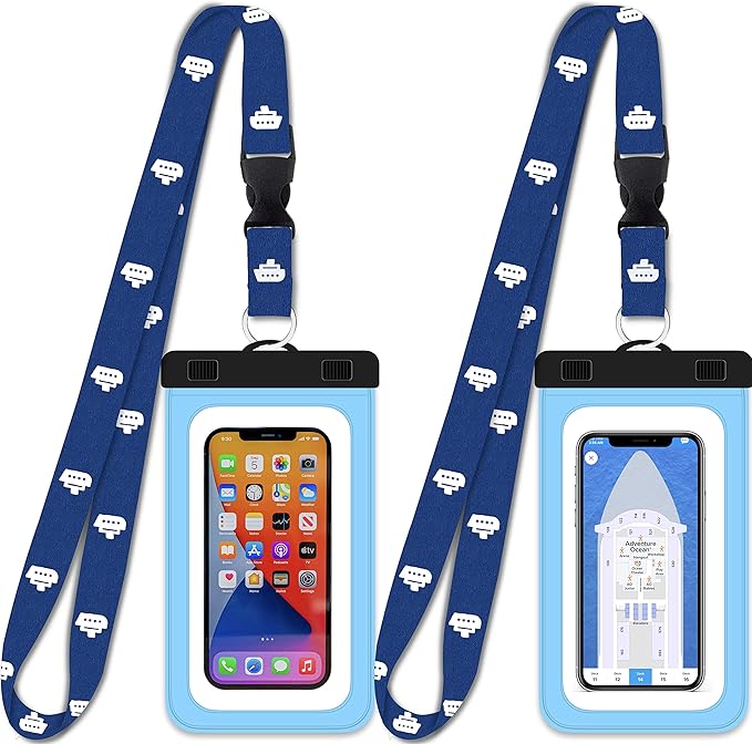Cruise On Lanyards Waterproof Phone Pouch Dry Case w/Touch Screen for iPhone 15 14 13 12 11 Pro Max XS, Samsung S22+, Pixel 7, Fits Up to 6.5??Screen, Large Floating Holder (2-Pack) Blue