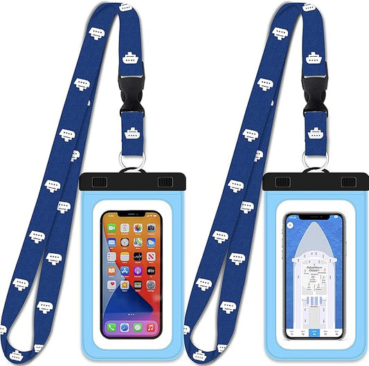 Cruise On Lanyards Waterproof Phone Pouch Dry Case w/Touch Screen for iPhone 15 14 13 12 11 Pro Max XS, Samsung S22+, Pixel 7, Fits Up to 6.5??Screen, Large Floating Holder (2-Pack) Blue