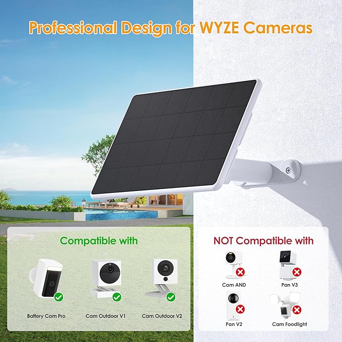 6W Solar Panel Compatible with WYZE Battery Cam Pro and Cam Outdoor V1/V2, Solar Charger for WYZE Cameras with 10ft USB-C Cable & Micro USB Adapter, 5.9in to 8.7in Adjustable Mount, IP65 Waterproof