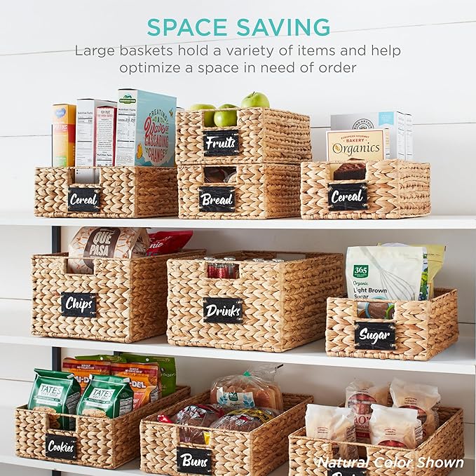 Best Choice Products Pantry Baskets Set of 2 16x12in Water Hyacinth Storage Baskets, Woven Wicker Kitchen Organizers with handles w/Chalkboard Label Chalk Marker - Chestnut