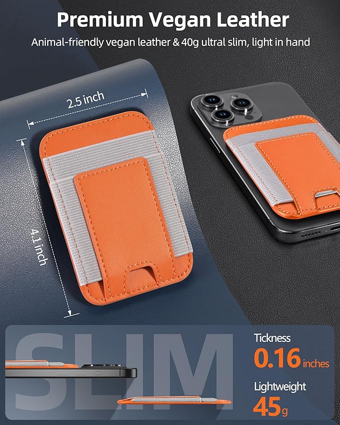 ExtreLife Upgraded for Magsafe Wallet, Stronger Magnetic Wallet for iPhone 17/16/15/14/13/12 Series, for iPhone Magsafe Wallets, Vegan Leather, Fit 7 Cards, Orange+Gray