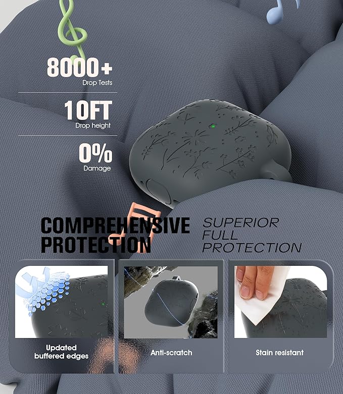 Seltureone Compatible with AirPods 4 Case Cute with Cherry Blossom Keychain and Cleaning Kit, Soft Silicone Shockproof Flower Engraved Cover Compatible with AirPod 4 Case Cover - Dark Gray