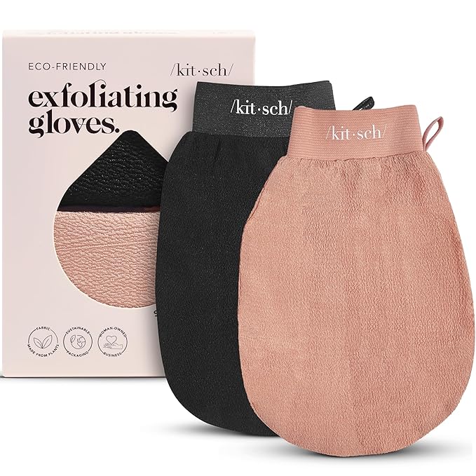 Kitsch Shower & Body Care Bundle – Luxury Reusable Waterproof Shower Cap for Women & Men, Flexi Satin Lined, Adjustable – 2pc Exfoliating Gloves, Deep Skin Scrubber for Smooth, Renewed Skin