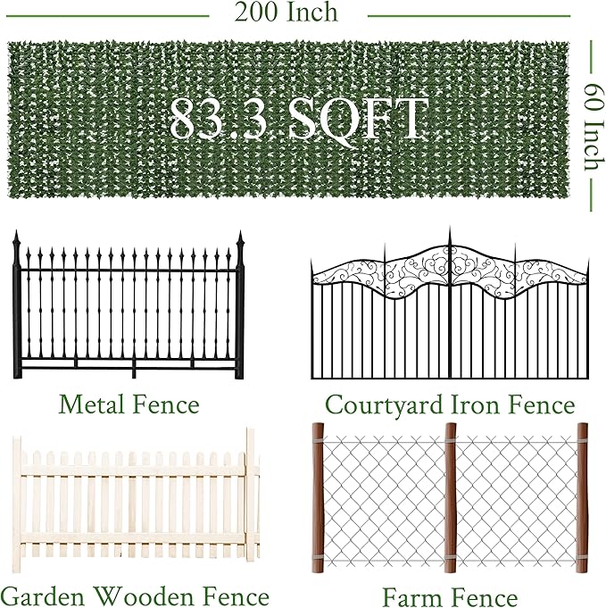 Artificial Ivy Privacy Fence Screen: 200 "x 60" (84 Sqft) Anti-Ultraviolet Artificial Hedge Grass Wall, Used for Indoor and Outdoor Green Background, Garden Greening Decoration