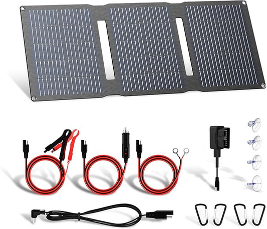 FlexSolar 28W 12V Portable Solar Panel Battery Charger Maintainer Kits Trickle Charger with Built-in Charge Controller, Cig Plug, Alligator Clips, O-Rings OBDII Connector for Car, Truck,Tractor, Boat