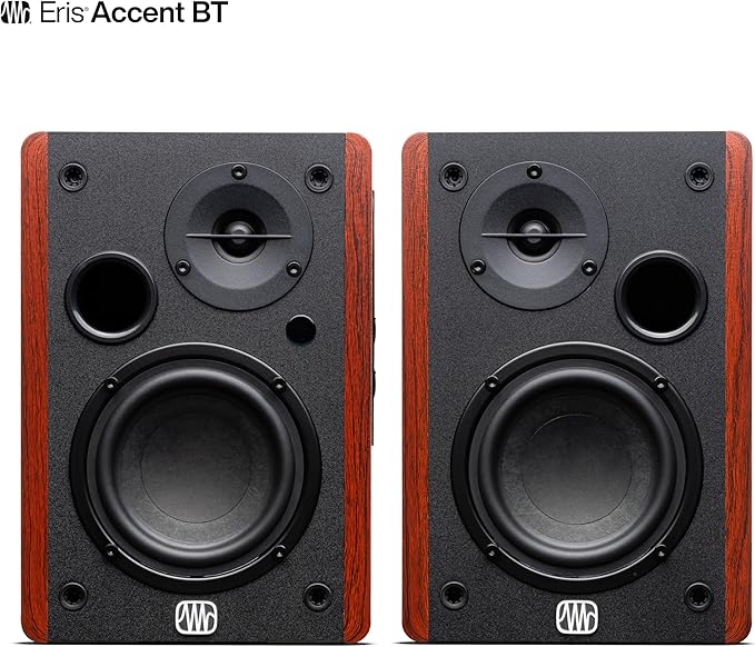 PreSonus Eris Accent BT 60W Powered Bookshelf Bluetooth Speakers – Studio Monitors for Turntable, Home, 4" Woofer, Silk Tweeter, USB-C, Optical, RCA, Coax, Remote, Sub Out, Wired Option, Wood Grain