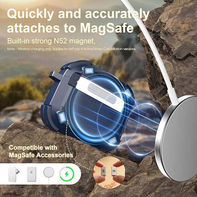 RFUNGUANGO for AirPods 4 Case, Compatible with AirPods 4th Generation Case (2024), Compatible with MagSafe, Magnetic Automatic Lock with Cleaner Kit and Keychain, Front LED Visible, Blue