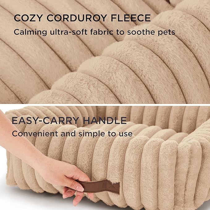 Bedsure Cute Dog Bed for Small Dogs & Cats - Washable Furry Puppy Beds, Rectangle Orthopedic Corduroy Fleece Pet Beds with Removable Zipper Cover, 20x19x6inches, Sandy Beige