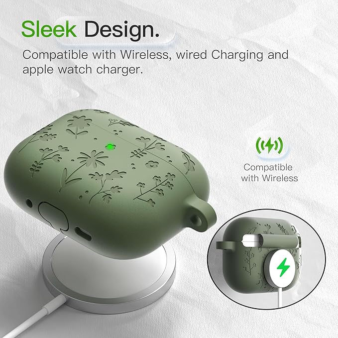 for AirPods Pro 3 Case (2025) DamonLight Floral Engraved Shockproof Protective Soft Silicone Case Cover with Cleaning Pen and Floral Keychain for Apple Airpods Pro 3rd Generation (Olive Green)