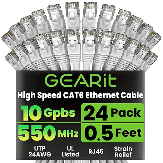 GEARit Cat 6 Ethernet Cable (24-Pack 0.5 Feet) Cat6 Network Patch, 10Gbps, RJ45, Snagless Cord, Gold-Plated Connectors, Internet for PC, TV, Tablet, Router, Printer, Servers, IT Data Center - White