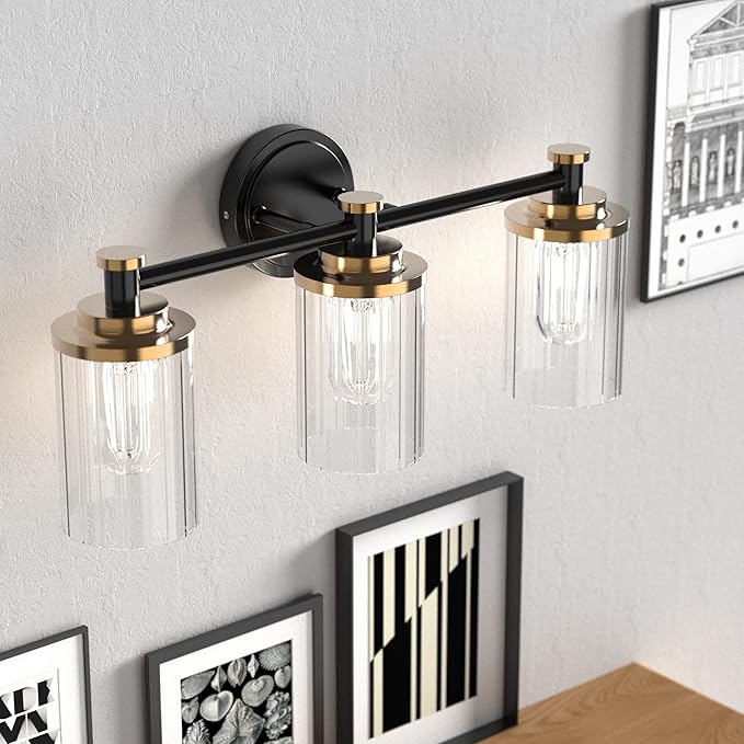 Bathroom Lighting Fixtures Black and Gold Bathroom Vanity Light with Cylindrical Clear Stripes Glass Lampshade E26 Socket Base Bathroom Lighting Fixtures Over Mirror (3 Lights)