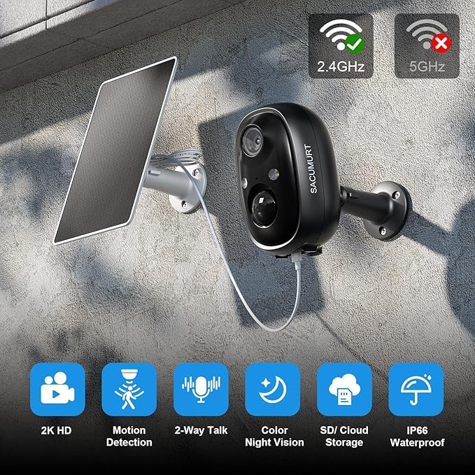 Security Cameras Wireless Outdoor, 2.4GHz WiFi Camera Outdoor Wireless, 2K Cameras for Home Security with Solar Panel, Motion Detection, Works with Alexa & Google Home, Color Night Vision, 2-Way Talk