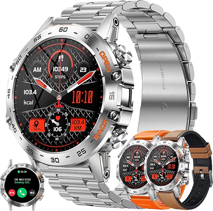 Military Smart Watch for Men(Answer/Dial Calls), Fitness Tracker for Android iPhone, 1.39" Activity Tracker with Heart Rate Sleep SpO2 Monitor, Calorie, 5ATM Waterproof Smartwatch, 3 Straps (Silver)