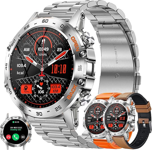 Military Smart Watch for Men(Answer/Dial Calls), Fitness Tracker for Android iPhone, 1.39" Activity Tracker with Heart Rate Sleep SpO2 Monitor, Calorie, 5ATM Waterproof Smartwatch, 3 Straps (Silver)