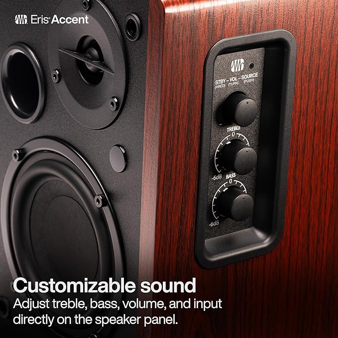 PreSonus Eris Accent Powered Bookshelf Speakers – 50W Wired Stereo Speakers for Record Player, Turntable, Desk & Home, Multiple Inputs, 4” Woofer, Studio Monitors, Tweeter, Remote, Sub Out, Wood Grain