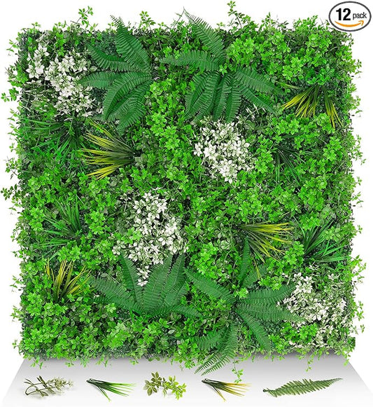 20"x20" Grass Wall Panels, 12PCS Artificial Greenery Backdrop Wall with UV Resistant Leaves, Faux Green Wall Decor for Outdoor Indoor Patio Garden Backyard