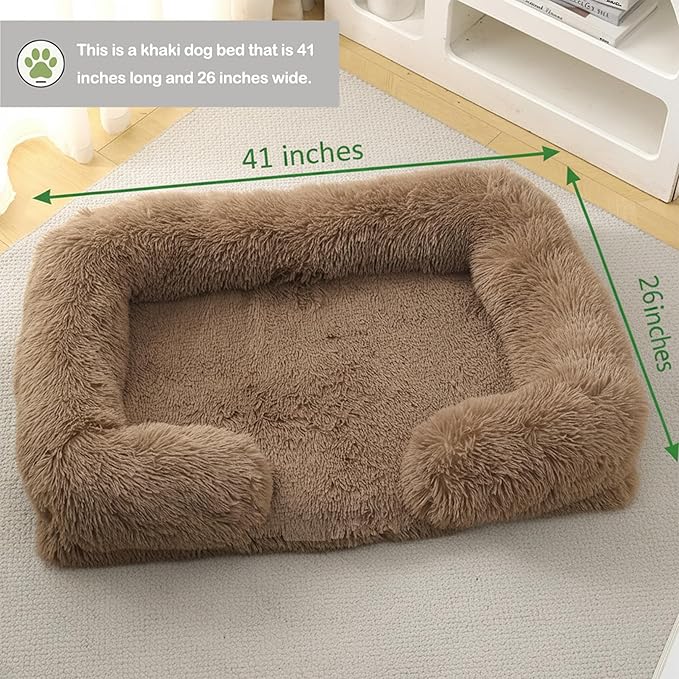 Orthopedic Dog Bed for XL Dogs - Washable Memory Foam Pet Sofa, Fluffy Plush Rectangular Bed, Waterproof Anti-Anxiety Couch, Khaki, XL