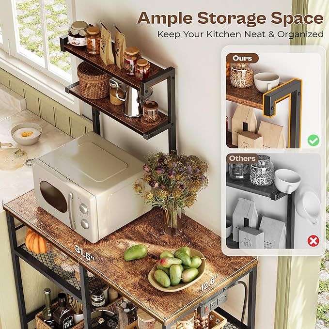 Huuger 31.5 Inch Bakers Rack with Power Outlets, Kitchen Microwave Stand with Storage, Coffee Bar with 4 Hooks, 3-Level Height Open Shelves, Rustic Brown