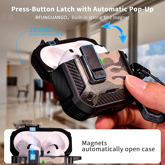 RFUNGUANGO Compatible AirPods 4th Generation Protective Case with Phone Holder and Compatible Back Magnetic Suction Function, Suitable for AirPods 4th Case-Snow Camouflage