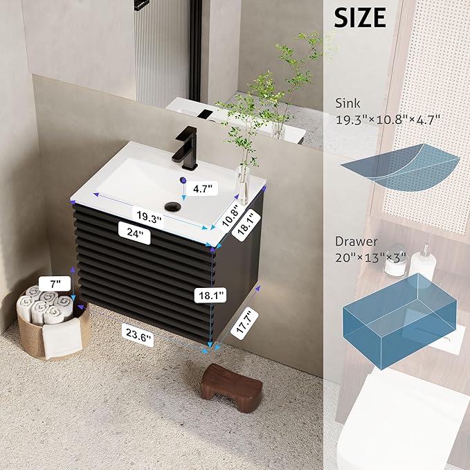 eclife 24" Floating Bathroom Vanity with Sink Combo Mid-Century Wall Mounted Cabinet with Wood Stripes Decor, Drawers, Undermount Sink, Faucet, Drain, Black