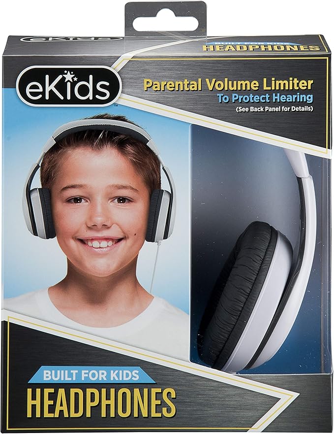 eKids Kids Headphones, Stereo Sound, 3.5mm Jack Cord, Wired Headphones for Kids, Tangle-Free, Volume Control, Childrens Earphones Over Ear for Travel White