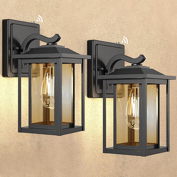 2-Pack Dusk to Dawn Outdoor Light Fixtures, Modern Black Sensor Porch Light Fixtures, Waterproof Exterior Lighting for House, Yard, Entryway, Garage, 120V