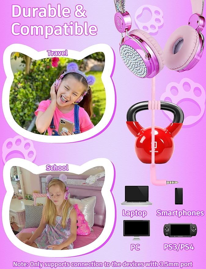 Kids Pom Headphones with Mic for Travel/Car/Plane,Added 85DB Limit Function&Shareport,Unicorns Gifts for Girls,On/Over Ear HD Stereo Wired Headsets with Nylon Cable-Hot-Purple