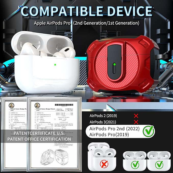 RFUNGUANGO for AirPods Pro 2 Case, Compatible with Airpods Pro Case 2nd / 1st Generation, Compatible with MagSafe, with Cleaning Kit and Keychain, Visible LED, Red