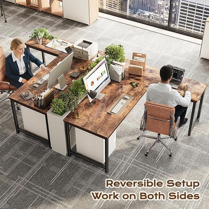 Huuger 55 Inch L Shaped Desk with Power Outlets and USB-C Port, 0.95 Inch Thicker Desktop, Reversible Computer Desk, Larger Office Corner Gaming Desk, Metal Frame, for Home Office, Study, Rustic Brown