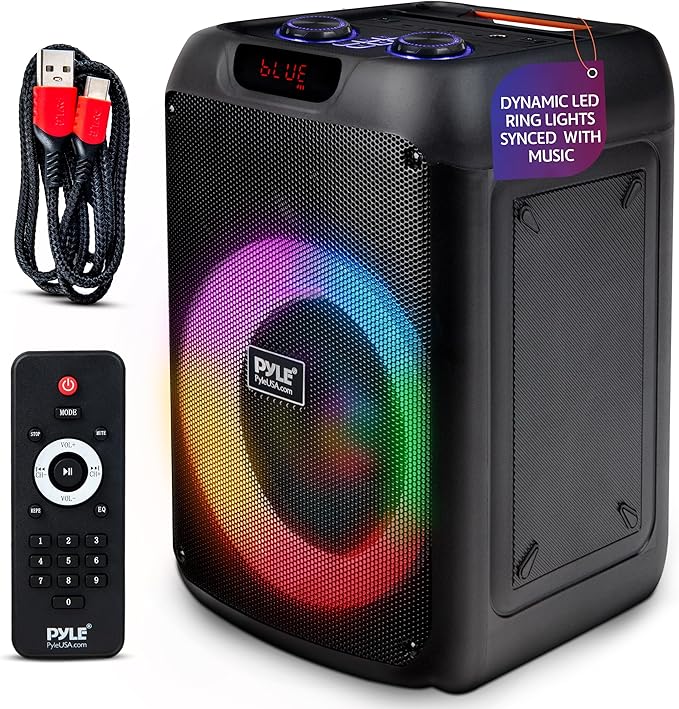Pyle Party Speaker - 100W Bluetooth PA Karaoke Speaker with 8" Woofer, Features Echo, Bass & Treble Control, USB/SD/BT/FM Radio, MIC in, LED Lights, for Events, Home & DJ Use