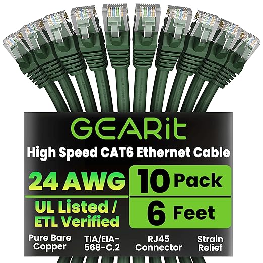 GEARit Cat 6 Ethernet Cable (10-Pack 6 Feet) Cat6 Network Patch, 10Gbps, RJ45, Snagless Cord, Gold-Plated Connectors, Internet for PC, TV, Tablet, Router, Printer, Servers, IT Data Center - Green