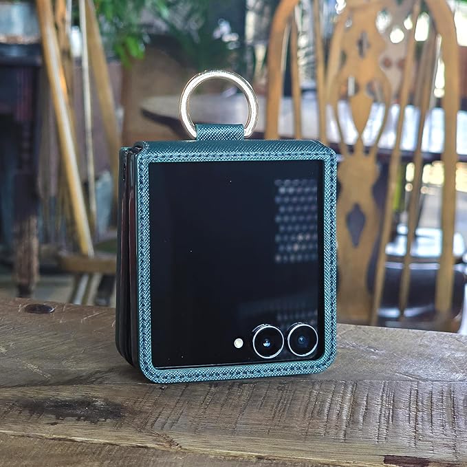 [BeYourSanta] Galaxy Z Flip 7 Case with Ring - Avant-Garde Handmade Saffiano Vegan Leather Case, Anti-Scratch Hinge Protection, Made in Korea (1 Pocket, Deep Green)