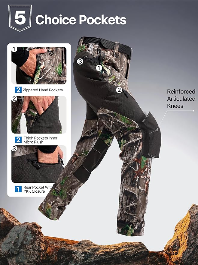 FREE SOLDIER Men's Fleece Lined Outdoor Cargo Hiking Pants Water Repellent Softshell Snow Ski Pants with Zipper Pockets