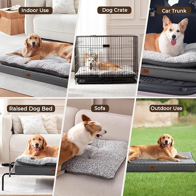 Washable Dog Bed for Medium Large Size Dog, Plush Pillow Pet Bed with Leather Egg-Crate Foam Base, Waterproof Kennel Bed with Removable Cover, 55" x 42" Comfort Cushion Bed, Dark Grey