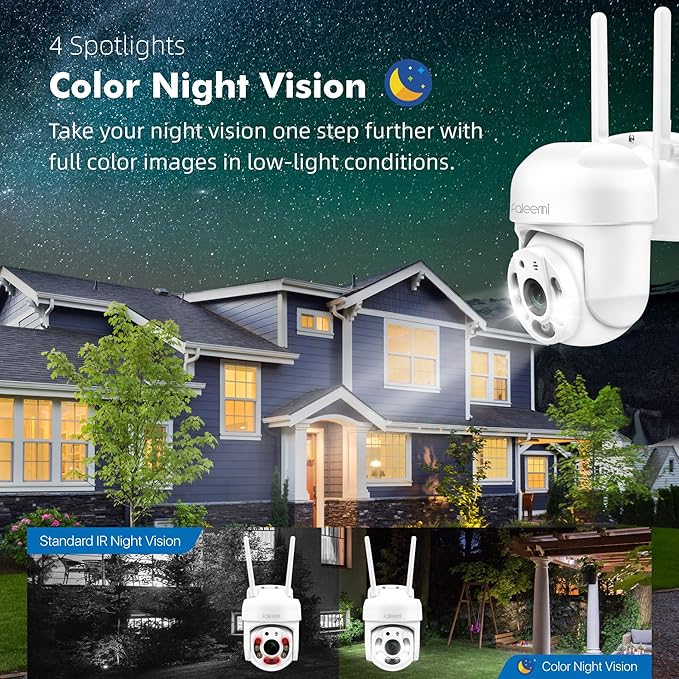 2K WiFi Security Camera for Home with Cell Phone App Control, Color Night Vision, Ai Motion Detection, Auto Tracking, 2 Way Audio, Waterproof, Local/Cloud Storage, Compatible with Alexa