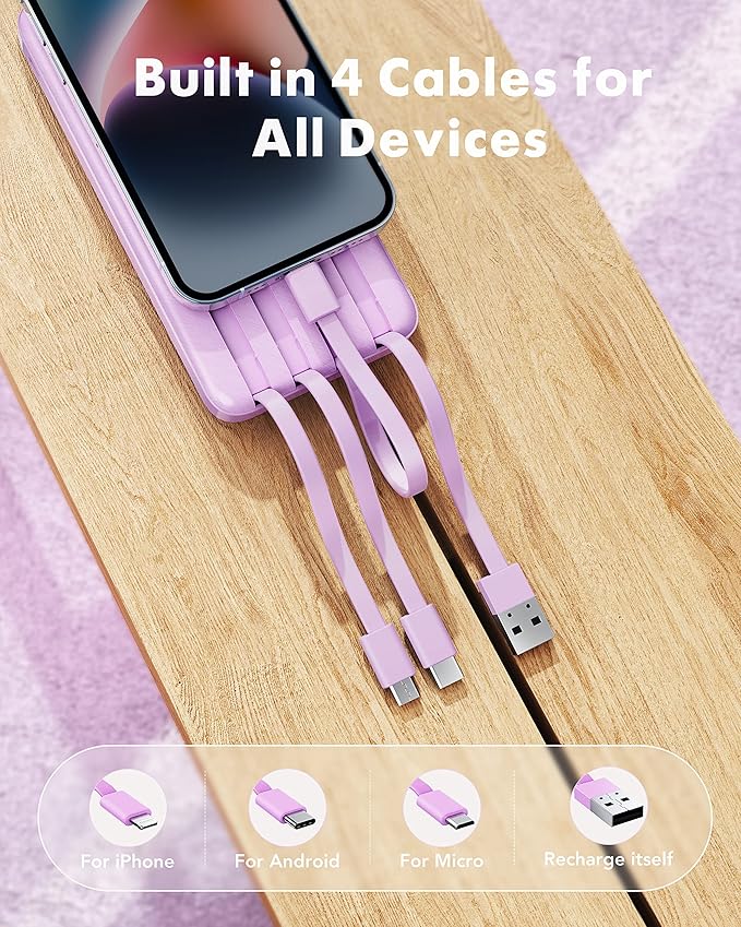 charmast Portable Charger with Built in Cables, Power Bank with Cords Wires, Slim 10000mAh Travel Battery Pack 6 Outputs 3 Inputs 6A Fast Charging for Samsung Google Pixel LG Moto iPhone iPad