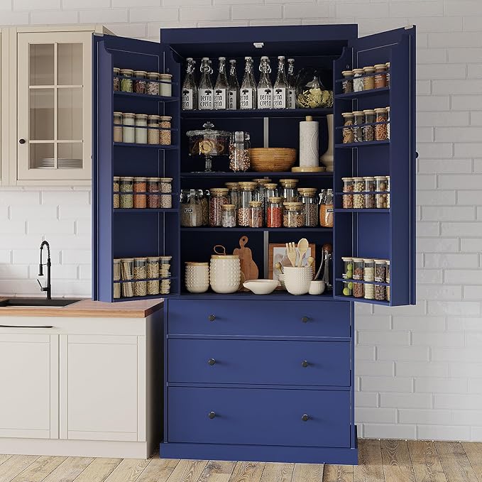Merax 77" Tall Kitchen Storage Cabinet Pantry Farmhouse Freestanding Large Cupboard with 3 Drawers,Adjustable Shelves,8 Door-Shelf for Dining Room