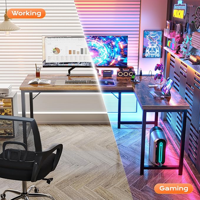 Huuger 55 Inch L Shaped Desk with Power Outlets and USB-C Port, 0.95 Inch Thicker Desktop, Reversible Computer Desk, Larger Office Corner Gaming Desk, Metal Frame, for Home Office, Study, Rustic Brown