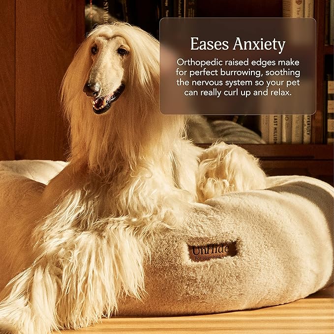UnHide Floof Pet Bed - XL (40"x14") - Extra Soft Dog Bed - Removable Faux Fur Cover - Machine Washable - Helps Ease Pet Anxiety & Provides The Perfect Sleep - Cowhide