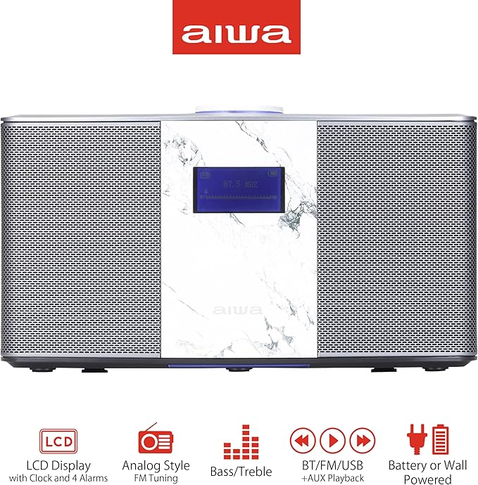 Aiwa Exos 5 Wireless Speaker - Unleash Powerful Sound and Versatile Connectivity On-The-Go Experience Bluetooth Freedom, FM Radio, Clock, 20W RMS, LCD Display, and Alarm Clock Functionality
