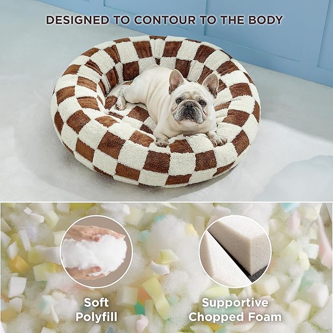 LE SURE Donut Medium Dog Bed - Round Cat Beds for Indoor Anti-Anxiety Calming Pet Beds, Washable Cute Modern Beds with Teddy Sherpa Plush & Anti Slip Bottom, 30 Inch, Brwon