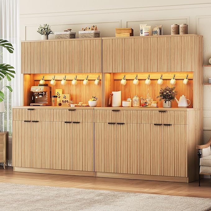 Fluted Kitchen Pantry Storage Cabinet with Charging Station/LED Light/Doors/Shelves, 71'' Tall Kitchen Food Hutch with Microwave Stand for Dining Room Living Room (Natural, 47 * 15.7 * 71)