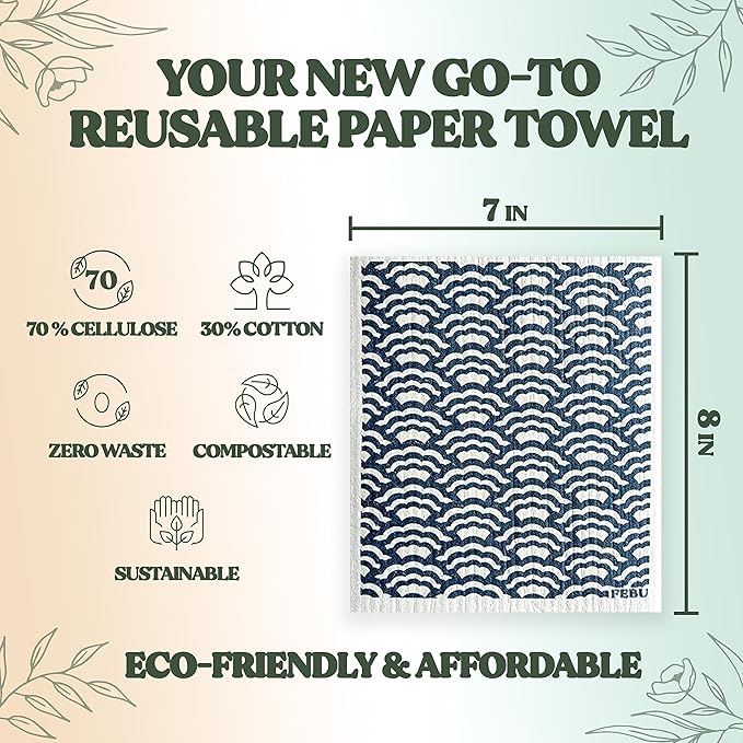 FEBU Swedish Dishcloths for Kitchen | 5 Pack Neutral Reusable Paper Towels Washable | Swedish Dish Towels | Non-Scratch Cellulose Sponge Cloths | No Odor, Biodegradable Cleaning Cloths