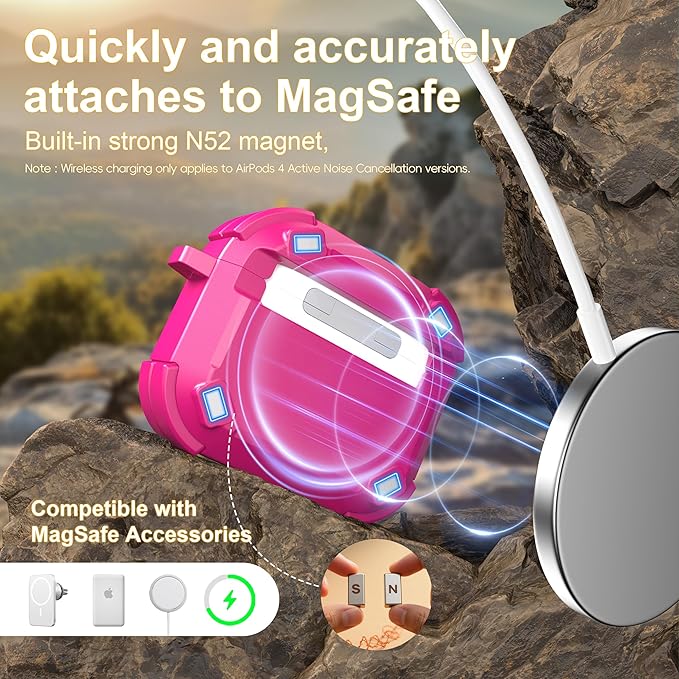 RFUNGUANGO for AirPods 4 Case, Compatible with AirPods 4th Generation Case (2024), Compatible with MagSafe, Magnetic Automatic Lock with Cleaner Kit and Keychain, Front LED Visible, Rose Red