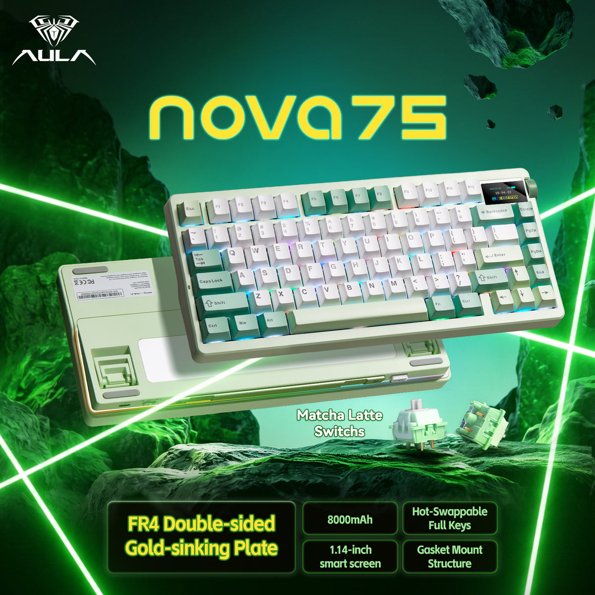 Aula Nova75 Mechanical Gaming Keyboard,Wireless Green Keyboard with Knob - Image 8