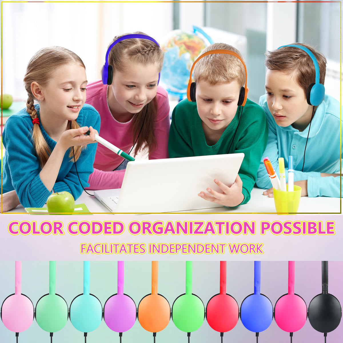 Kids Classroom Bulk Headphones 100 Pack, Wired Adjustable On-Ear