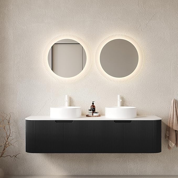 KEIKI 60" Bathroom Vanity with Sink, Wall-Mounted Floating Bathroom Vanity with Curved Edge Striped Front, 2 Drawers & 2 Round Ceramic Basins, Pre-Assembled Storage Cabinet, Black